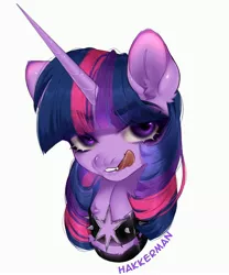 Size: 2500x3000 | Tagged: safe, artist:hakkerman, derpibooru import, twilight sparkle, pony, unicorn, collar, image, jpeg, licking, licking lips, looking at you, solo, spiked collar, tongue out