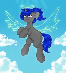 Size: 2000x2200 | Tagged: safe, artist:etoz, derpibooru import, oc, oc:dream vezpyre, oc:dream², unofficial characters only, pony, unicorn, angelic, cloud, eyebrows, eyebrows visible through hair, female, flying, halo, happy, horn, image, looking up, mare, png, sky, smiling, spread wings, unicorn oc, wingding eyes, wings