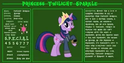 Size: 11720x6000 | Tagged: safe, artist:ponygamer2020, derpibooru import, twilight sparkle, twilight sparkle (alicorn), alicorn, pony, fallout equestria, bio, clothes, crown, cutie mark, fallout, fallout equestria: character guide, female, image, jewelry, jumpsuit, mare, open mouth, pipboy, png, raised hoof, reference sheet, regalia, s.p.e.c.i.a.l., solo, vault suit, vector