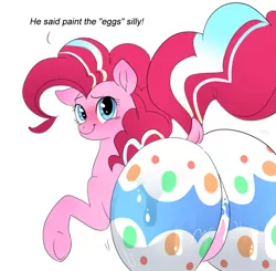 Size: 935x918 | Tagged: suggestive, artist:anonymous, artist:spindlesx, derpibooru import, pinkie pie, balloonbutt, blushing, butt, dialogue, dock, easter, female, holiday, image, paint, paint on fur, plot, png, remake, solo, solo female, tail, unofficial edits thread