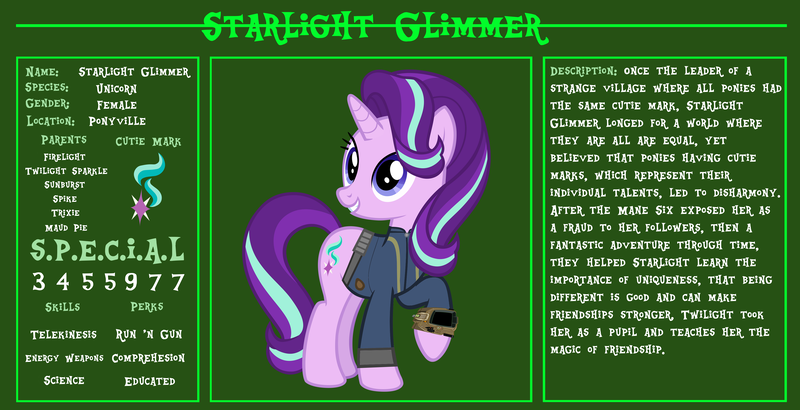 Size: 11720x6000 | Tagged: safe, artist:ponygamer2020, derpibooru import, starlight glimmer, pony, unicorn, fallout equestria, bio, clothes, fallout, fallout equestria: character guide, female, happy, image, jumpsuit, mare, pipboy, png, reference sheet, s.p.e.c.i.a.l., solo, vault suit, vector