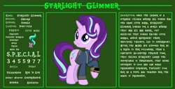 Size: 11720x6000 | Tagged: safe, artist:ponygamer2020, derpibooru import, starlight glimmer, pony, unicorn, fallout equestria, bio, clothes, fallout, fallout equestria: character guide, female, happy, image, jumpsuit, mare, pipboy, png, reference sheet, s.p.e.c.i.a.l., solo, vault suit, vector