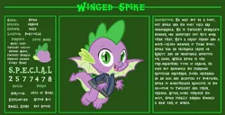 Size: 11720x6000 | Tagged: safe, artist:ponygamer2020, derpibooru import, spike, dragon, fallout equestria, bio, clothes, fallout, fallout equestria: character guide, image, jumpsuit, looking at you, male, open mouth, pipboy, png, reference sheet, solo, s.p.e.c.i.a.l., vault suit, vector, winged spike, wings