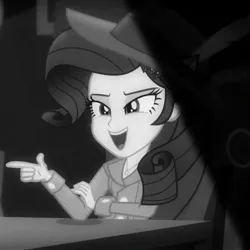 Size: 1024x1024 | Tagged: safe, derpibooru import, edit, edited screencap, screencap, rarity, equestria girls, equestria girls series, rarity investigates: the case of the bedazzled boot, cropped, detective rarity, female, image, jpeg, monochrome, pointing, rarity investigates (eqg): pinkie pie, solo
