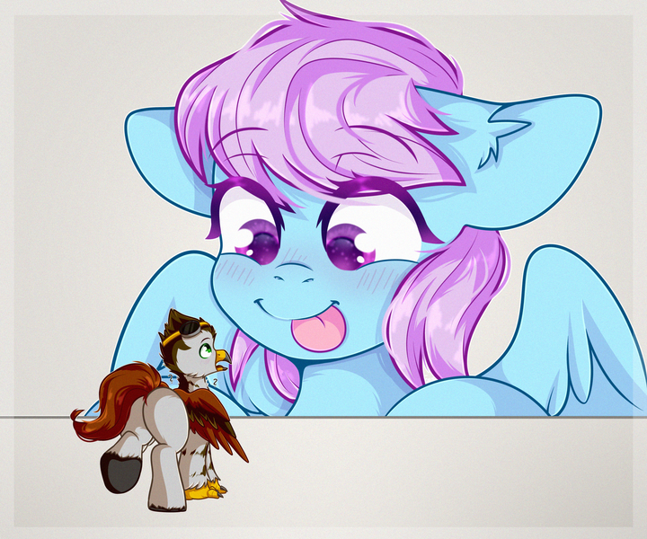 Size: 2400x2000 | Tagged: safe, artist:etoz, derpibooru import, oc, oc:ashen coat, oc:meadowsong, unofficial characters only, gryphon, pegasus, pony, blushing, commission, confused, cute, eyebrows, eyebrows visible through hair, female, female pred, female preda, griffon oc, happy, image, macro, macro/micro, male, male prey, mare, micro, open mouth, pegasus oc, png, size difference, smiling, tongue out, wingding eyes, wings, ych result