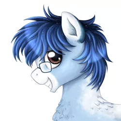 Size: 1200x1200 | Tagged: safe, artist:puggie, derpibooru import, oc, oc:soaring spirit, unofficial characters only, pegasus, pony, blaze (coat marking), chest fluff, coat markings, facial markings, glasses, image, looking at you, male, png, simple background, smiling, smiling at you, solo, stallion