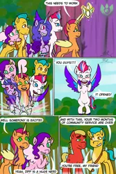 Size: 640x960 | Tagged: safe, artist:hitchpippetals, derpibooru import, hitch trailblazer, izzy moonbow, pipp petals, sprout cloverleaf, sunny starscout, zipp storm, comic:bridlewood library, comic, g5, image, mane five (g5), png