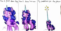 Size: 1280x651 | Tagged: safe, artist:hitchpippetals, derpibooru import, izzy moonbow, pony, unicorn, g5, grin, horn, image, impossibly large horn, jpeg, large horn, smiling