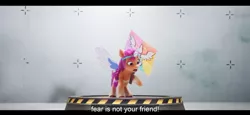 Size: 1600x738 | Tagged: safe, derpibooru import, edit, edited screencap, screencap, my little pony: a new generation, spoiler:g5, spoiler:my little pony: a new generation, english, english subtitles, fake horn, fake wings, g5, image, picket sign, png, protest, solo, stage, subtitles, testing area