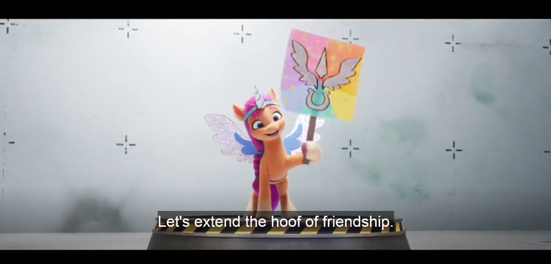 Size: 1600x766 | Tagged: safe, derpibooru import, edit, edited screencap, screencap, sunny starscout, my little pony: a new generation, spoiler:g5, spoiler:my little pony: a new generation, english, english subtitles, fake horn, fake wings, g5, image, picket sign, png, protest, solo, subtitles, testing area