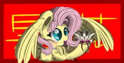 Size: 2050x1050 | Tagged: safe, artist:hisp, derpibooru import, fluttershy, pegasus, pony, blushing, chinese character, flower, half body, image, jpeg, open mouth, simple background, spread wings, wings