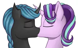 Size: 1094x677 | Tagged: safe, artist:stardustspix, derpibooru import, starlight glimmer, oc, oc:protectress lilac, changeling, pony, unicorn, equestria at war mod, duo, eyes closed, female, horn, image, kissing, lesbian, png, shipping, simple background, white background