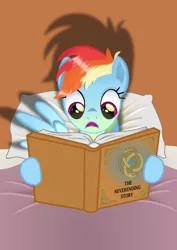 Size: 2058x2914 | Tagged: safe, artist:kehrminator, derpibooru import, rainbow dash, pegasus, pony, book, exploitable meme, feels, female, image, meme, png, reading, reading rainbow, the neverending story, this will not end well and/or at all