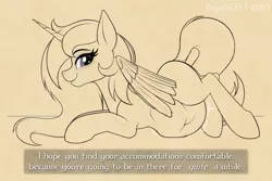 Size: 1280x853 | Tagged: suggestive, artist:suspega, derpibooru import, oc, alicorn, pony, unicorn, alicorn oc, ass up, belly, dialogue, female, horn, image, looking back, lying down, monochrome, neo noir, partial color, png, poking, profile, prone, simple background, size difference, sketch, smiling, solo, tan background, text box, vore, wingers, wings