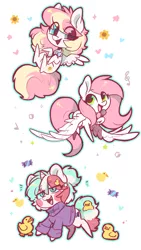 Size: 2309x4096 | Tagged: safe, artist:colorfulcolor233, derpibooru import, oc, oc:cottonsweets, oc:ninny, oc:sugar morning, unofficial characters only, pegasus, unicorn, bowtie, chibi, clothes, flying, image, jpeg, looking at each other, looking at someone, microphone, simple background, sweater