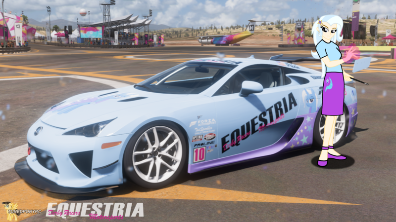 Size: 3840x2160 | Tagged: safe, artist:forzaveteranenigma, derpibooru import, trixie, fanfic:equestria motorsports, equestria girls, car, clothes, flats, forza horizon 5, human coloration, image, lexus, lexus lf-a, livery, magic, magic aura, magic wand, png, shoes, skirt, watermark