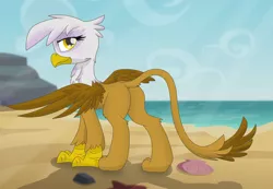 Size: 1280x887 | Tagged: safe, artist:pzkratzer, derpibooru import, gilda, gryphon, back, beach, butt, cute, image, jpeg, plot, spread wings, wings