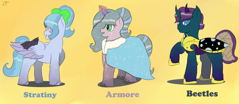 Size: 1280x557 | Tagged: safe, artist:schumette14, derpibooru import, oc, oc:armore, oc:beetles, oc:stratiny, changepony, crystal pony, hybrid, pegasus, unicorn, blind, image, jpeg, next generation, offspring, parent:flitter, parent:king sombra, parent:party favor, parent:pharynx, parent:princess luna, parent:radiant hope, parents:flifavor, parents:hopebra, parents:lunarynx