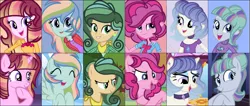 Size: 2607x1108 | Tagged: safe, artist:just-silvushka, derpibooru import, oc, oc:amethyst, oc:cinnamon cane, oc:daydream glimmer, oc:jonagold, oc:rock magic, oc:silent dash, unofficial characters only, earth pony, pony, unicorn, equestria girls, bust, clothes, equestria girls-ified, eyelashes, horn, image, magical lesbian spawn, multicolored hair, offspring, parent:applejack, parent:coco pommel, parent:coloratura, parent:fluttershy, parent:maud pie, parent:pinkie pie, parent:rainbow dash, parent:rarity, parent:starlight glimmer, parent:sugar belle, parent:sunset shimmer, parent:twilight sparkle, parents:flutterdash, parents:marshmallow coco, parents:rarajack, parents:starmaud, parents:sugarpie, parents:sunsetsparkle, png, rainbow hair, smiling, thinking, unicorn oc