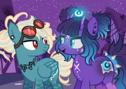 Size: 1754x1240 | Tagged: safe, artist:clown-bread, derpibooru import, oc, bicorn, pegasus, pony, base used, duo, ear piercing, female, goggles, horn, image, jpeg, mare, multiple horns, night, outdoors, parent:princess luna, pegasus oc, piercing, smiling, starsa, wings