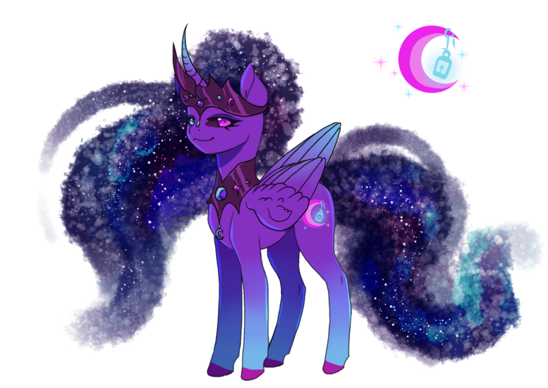 Size: 1280x905 | Tagged: safe, artist:clown-bread, derpibooru import, oc, unofficial characters only, alicorn, pony, alicorn oc, black sclera, curved horn, ethereal mane, eyelashes, female, galaxy mane, heterochromia, horn, image, magical lesbian spawn, mare, offspring, parent:nightmare moon, parent:twilight sparkle, parents:twimoon, peytral, png, simple background, solo, transparent background, wings