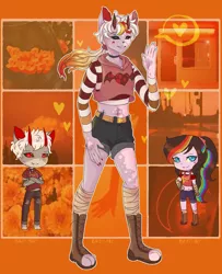 Size: 1427x1754 | Tagged: safe, artist:clown-bread, derpibooru import, oc, oc:rainbow heart, unofficial characters only, anthro, digitigrade anthro, equestria girls, clothes, horns, image, jpeg, multicolored hair, rainbow hair, shorts, smiling, waving