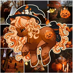 Size: 1280x1280 | Tagged: safe, artist:clown-bread, derpibooru import, oc, unofficial characters only, pony, unicorn, candle, female, halloween, hat, holiday, hoof polish, horn, image, jack-o-lantern, jpeg, mare, pumpkin, raised hoof, smiling, solo, unicorn oc, witch hat