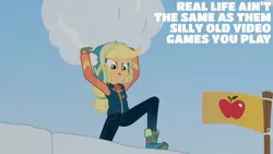 Size: 1280x720 | Tagged: safe, derpibooru import, edit, edited screencap, editor:quoterific, screencap, applejack, equestria girls, equestria girls series, holidays unwrapped, spoiler:eqg series (season 2), boots, clothes, female, flag, image, jpeg, open mouth, saving pinkie's pie, shoes, snow, solo