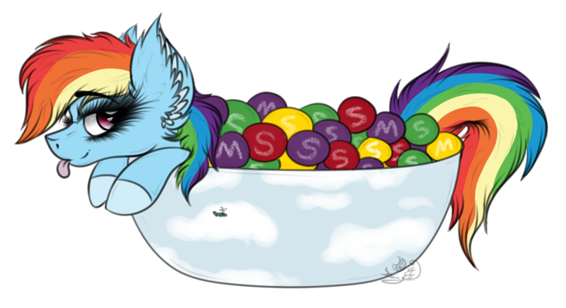 Size: 2103x1147 | Tagged: safe, artist:beamybutt, derpibooru import, rainbow dash, pegasus, pony, :p, candy, chocolate, cup, cup of pony, ear fluff, eyelashes, female, food, image, m&m's, mare, micro, png, simple background, skittles, solo, tongue out, transparent background