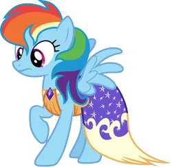 Size: 3000x2912 | Tagged: safe, artist:cloudyglow, derpibooru import, rainbow dash, pegasus, pony, make new friends but keep discord, clothes, dress, female, gala dress, high res, image, looking at something, mare, multicolored hair, multicolored mane, png, rainbow hair, raised hoof, simple background, solo, spread wings, transparent background, vector, wings