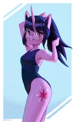 Size: 3000x4831 | Tagged: safe, artist:mrscroup, derpibooru import, twilight sparkle, anthro, unicorn, absurd resolution, clothes, cutie mark, female, glasses, horn, image, jpeg, looking at you, one-piece swimsuit, ponytail, round glasses, smiling, solo, swimsuit, unicorn twilight