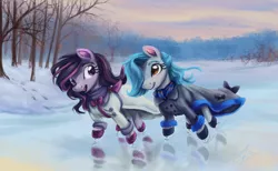 Size: 3375x2083 | Tagged: safe, artist:elisdoominika, derpibooru import, oc, oc:sweet elis, earth pony, pony, clothes, coat, female, ice, ice skates, ice skating, image, looking at each other, looking at someone, mare, png, scarf, scenery, sky, smiling, smiling at each other, snow, sunset
