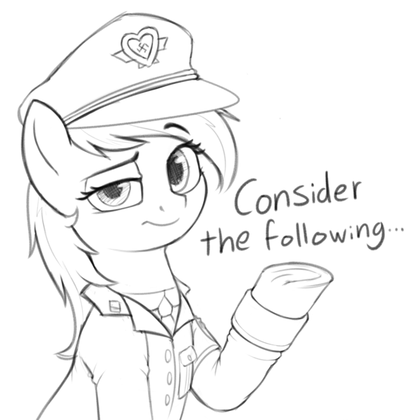 Size: 1974x1999 | Tagged: safe, artist:zippysqrl, derpibooru import, oc, oc:aryanne, unofficial characters only, earth pony, pony, black and white, clothes, grayscale, hat, image, lineart, monochrome, nazi, peaked cap, png, simple background, solo, underhoof, uniform, white background