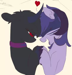 Size: 856x884 | Tagged: safe, artist:aripegio del mandolino, oc, oc:ysfena, unofficial characters only, goat, goat pony, original species, pony, collar, duo, ear fluff, eyes closed, face paint, female, heart, holding hooves, horns, image, open mouth, png