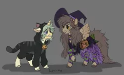 Size: 1280x780 | Tagged: safe, artist:purple-blep, derpibooru import, oc, oc:keylime, oc:paradise, cat, pegasus, unicorn, bag, clothes, costume, halloween, halloween costume, hat, holiday, image, jpeg, looking at each other, looking at someone, saddle bag, simple background, witch costume, witch hat