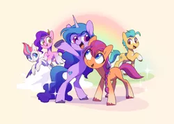 Size: 1681x1200 | Tagged: safe, artist:dawnfire, hitch trailblazer, izzy moonbow, pipp petals, sunny starscout, zipp storm, earth pony, pegasus, pony, unicorn, eye clipping through hair, female, flying, g5, happy, horn, image, jpeg, male, mane five (g5), mare, open mouth, signature, stallion, wings