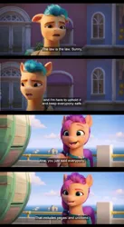 Size: 1596x2912 | Tagged: safe, derpibooru import, edit, edited screencap, screencap, hitch trailblazer, sunny starscout, my little pony: a new generation, spoiler:g5, spoiler:my little pony: a new generation, bag, building, comic, english, english subtitles, g5, hoof pointing, image, maretime bay, png, saddle bag, screencap comic, semantics, subtitles