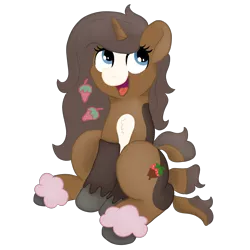 Size: 2000x2000 | Tagged: safe, artist:pony-thunder, derpibooru import, oc, oc:strawberry cocoa, unofficial characters only, monster pony, pony, unicorn, derpibooru community collaboration, 2022 community collab, accessories, ankle bracelet, blaze (coat marking), blue eyes, brown coat, coat markings, colored, colored hooves, digital art, eyelashes, facial markings, female, food, happy, high res, hoof ring, horn, image, lighter underbelly, long mane, looking forward, mare, open mouth, png, segmented tail, simple background, sitting, solo, strawberry, tail, tongue out, transparent background, two toned coat, unicorn oc, unshorn fetlocks