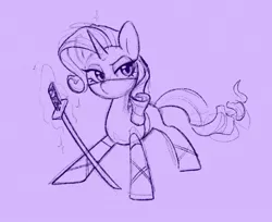 Size: 1174x957 | Tagged: safe, artist:dawnfire, rarity, pony, unicorn, clothes, female, horn, image, jpeg, katana, magic, mare, monochrome, ninja, solo, sword, telekinesis, weapon