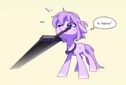 Size: 1500x1012 | Tagged: safe, artist:dawnfire, oc, oc:mio, unofficial characters only, earth pony, pony, blaze (coat marking), dialogue, female, image, jpeg, mare, mouth hold, one eye closed, pale belly, simple background, solo, sweat, sword, weapon