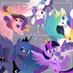 Size: 2043x2043 | Tagged: safe, artist:efuji_d, derpibooru import, princess cadance, princess celestia, princess flurry heart, princess luna, twilight sparkle, twilight sparkle (alicorn), alicorn, pony, baby flurry heart, crown, eyes closed, female, holding a pony, image, jewelry, jpeg, looking at you, my little x, older, older flurry heart, one eye closed, princess, regalia, self paradox, self ponidox, smiling, spread wings, tongue out, upside down, wings, wink, winking at you