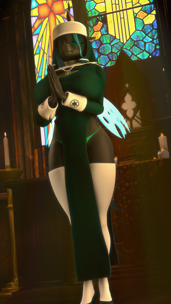 Size: 2160x3840 | Tagged: suggestive, artist:dongly12, derpibooru import, queen chrysalis, anthro, changeling, changeling queen, plantigrade anthro, 3d, 4k, big breasts, breasts, busty queen chrysalis, candle, church, clothes, female, image, leggings, nun, nun outfit, png, praying, revamped anthros, source filmmaker, wide hips