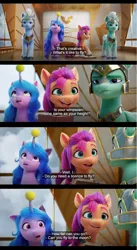 Size: 1596x2920 | Tagged: safe, derpibooru import, edit, edited screencap, screencap, izzy moonbow, sunny starscout, my little pony: a new generation, spoiler:g5, spoiler:my little pony: a new generation, asking, ball, book, comic, elevator, english, english subtitles, g5, helmet, image, journal, png, question, screencap comic, subtitles, tennis ball, thunder (g5), zoom zephyrwing