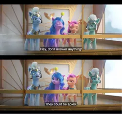 Size: 1600x1502 | Tagged: safe, derpibooru import, edit, edited screencap, screencap, izzy moonbow, sunny starscout, my little pony: a new generation, spoiler:g5, spoiler:my little pony: a new generation, armor, armored pony, elevator, english, english subtitles, g5, glass, helmet, image, lift, peytral, plume, png, subtitles, thunder (g5), zoom zephyrwing