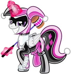 Size: 3520x3660 | Tagged: safe, alternate version, artist:severity-gray, derpibooru import, twilight sparkle, twilight sparkle (alicorn), alicorn, pony, clothes, dc comics, evil grin, female, gloves, grin, hammer, harley quinn, image, jester, latex, latex gloves, latex socks, latex suit, looking at you, magic, magic aura, makeup, mallet, mare, png, smiling, smiling at you, socks, solo, voice actor joke