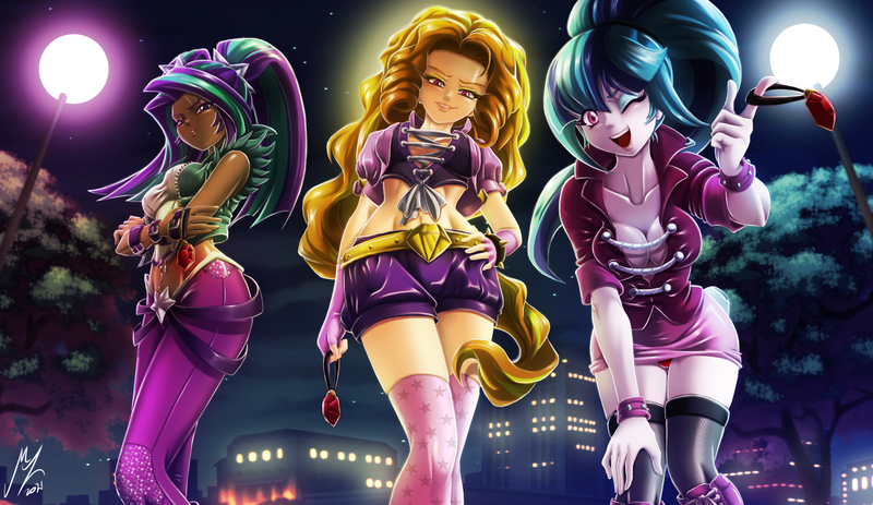 Size: 2064x1194 | Tagged: suggestive, alternate version, artist:mauroz, derpibooru import, adagio dazzle, aria blaze, sonata dusk, equestria girls, rainbow rocks, anime, breasts, busty adagio dazzle, busty aria blaze, busty dazzlings, busty sonata dusk, cleavage, gem, image, one eye closed, open mouth, png, remake, siren gem, the dazzlings, trio focus, wink