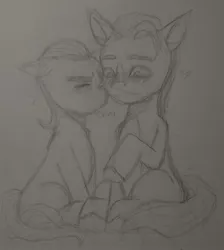 Size: 1964x2193 | Tagged: safe, artist:yo_shkinkot, derpibooru import, hitch trailblazer, sprout cloverleaf, earth pony, pony, black and white, blushing, g5, gay, grayscale, hitchsprout, image, jpeg, kiss on the cheek, kissing, male, monochrome, photo, shipping, simple background, sketch, traditional art, white background