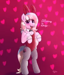 Size: 2000x2358 | Tagged: suggestive, artist:mrcelroy, derpibooru import, oc, oc:alluring gaze, earth pony, pony, bedroom eyes, bipedal, blushing, bowtie, bunny suit, clothes, cuffs (clothes), eyebrows, eyebrows visible through hair, image, leotard, looking at you, open mouth, open smile, pantyhose, pink, playboy bunny, png, smiling, solo, tongue out
