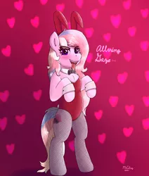 Size: 2000x2358 | Tagged: suggestive, alternate version, artist:mrcelroy, derpibooru import, oc, oc:alluring gaze, earth pony, pony, bedroom eyes, bipedal, blushing, bowtie, bunny suit, clothes, cuffs (clothes), eyebrows, eyebrows visible through hair, image, leotard, looking at you, open mouth, open smile, pantyhose, pink, playboy bunny, png, smiling, solo, tongue out