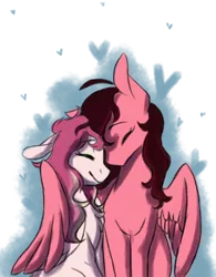 Size: 1024x1315 | Tagged: safe, artist:snowolive, derpibooru import, oc, unofficial characters only, pegasus, pony, abstract background, chest fluff, duo, eyes closed, female, floppy ears, heart, hug, image, lesbian, mare, oc x oc, png, shipping, simple background, sitting, smiling, transparent background, winghug, wings